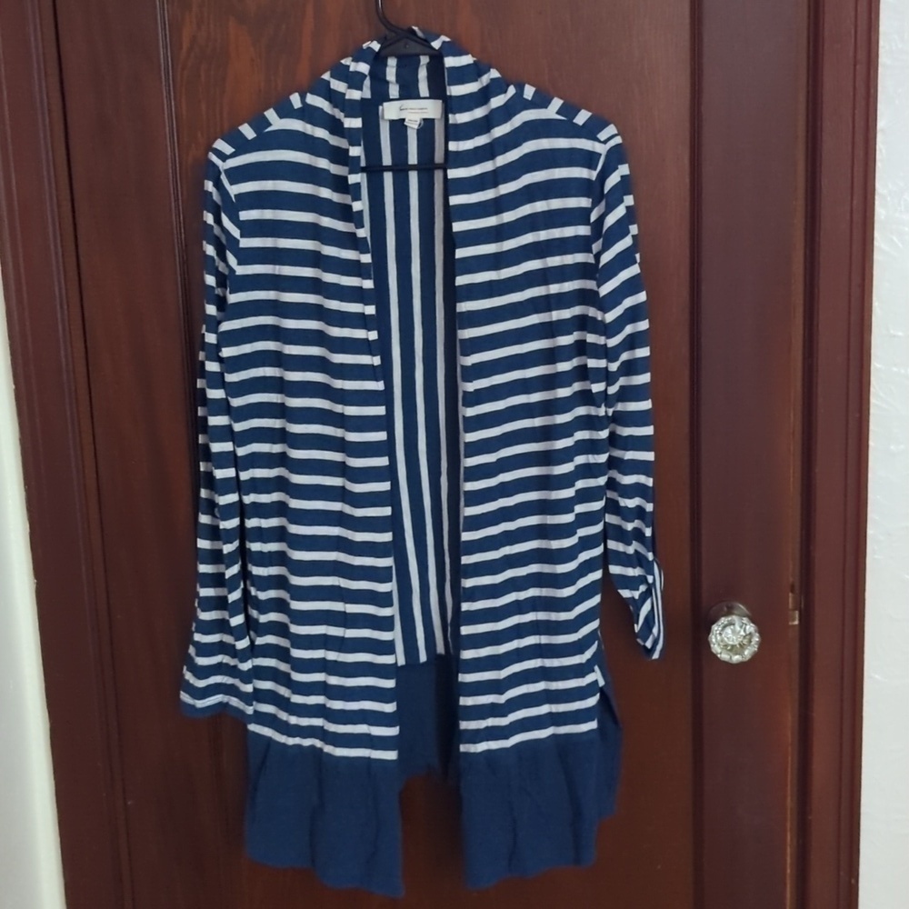 Two by Vince Camuto Blue & Cream Stripe Long Sleeve Open Cardigan Size Large
